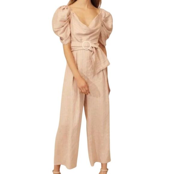 C/meo Collective Through You Belted Puff Sleeve Wide Leg Stripe Jumpsuit 4 NWT - Picture 6 of 11